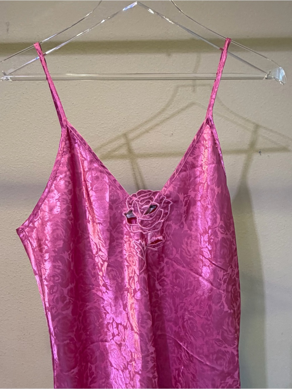 Silky Pink Floral Lace-Trim Cami Slip Dress Nightgown - Picture 2 of 5